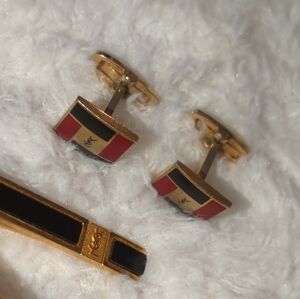 Yves Saint Laurent Gold, Black & Red Enamel Cufflinks And Tie Clip